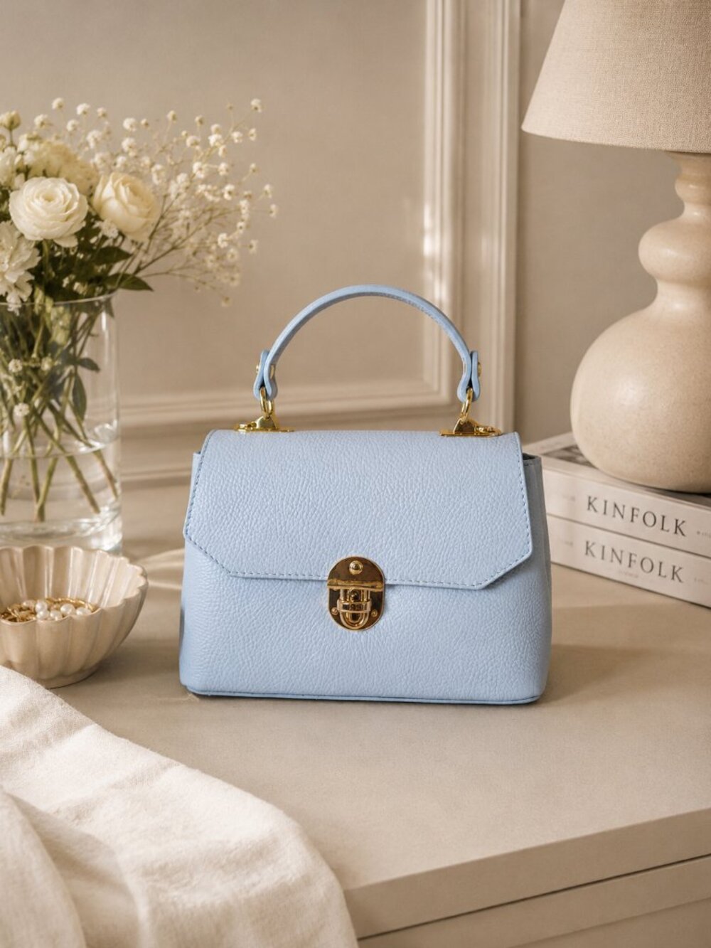 Baby Blue Italian Leather Mini Bag, Structured Crossbody Purse, Gold Hardware